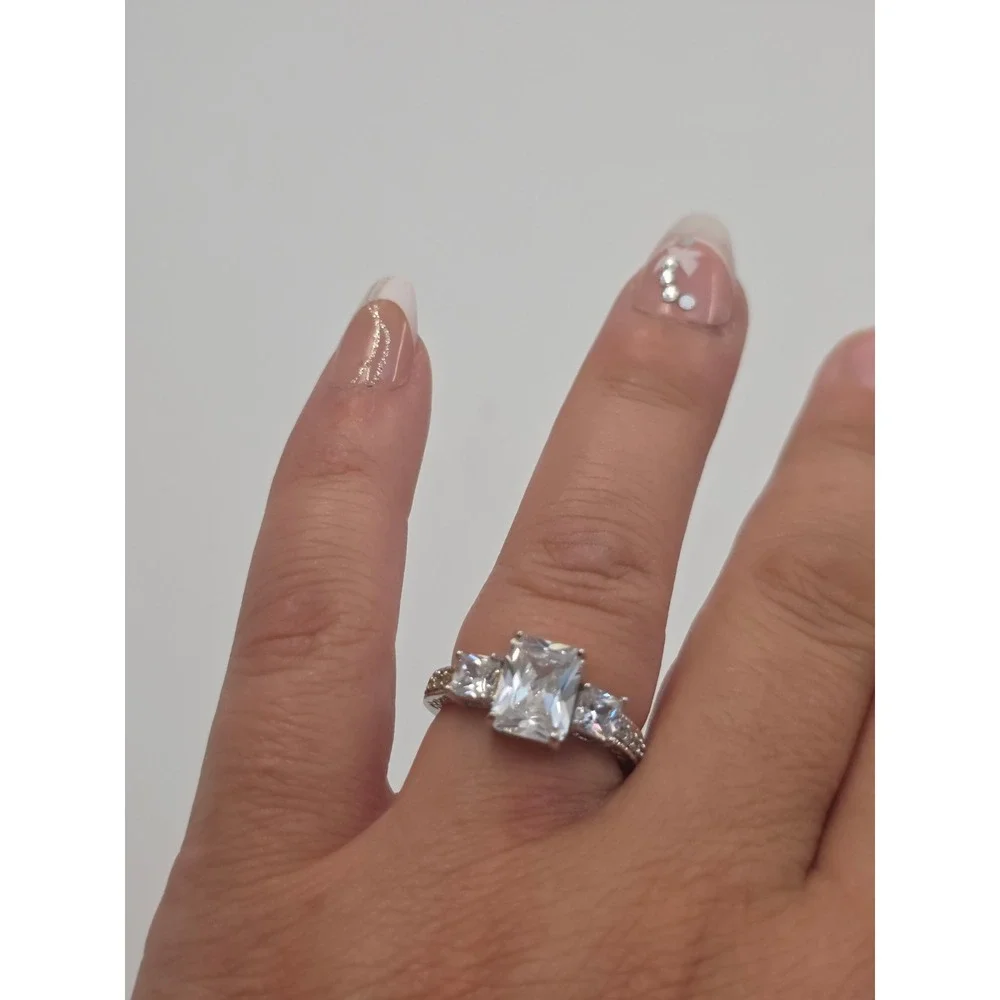 Emerald Cut Three Stone Engagement Ring Silver Tone Size 7.25